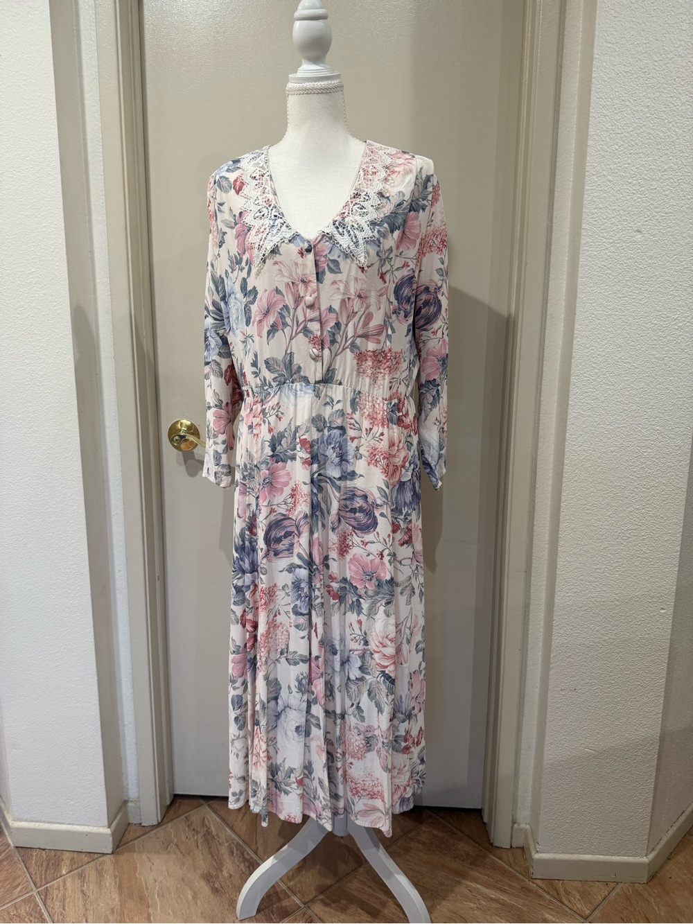 Vintage 80s 90s Benson & Smith Floral Maxi Dress Lace Cottagecore Size 9